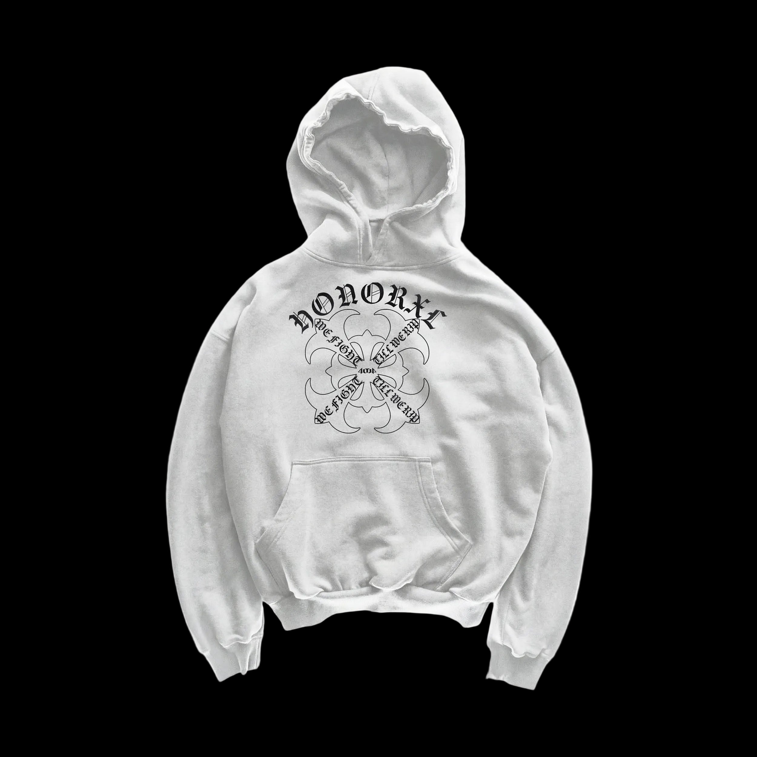 A light gray pullover hoodie with a black graphic print on the front featuring the word 'HONOR' in a gothic font above a floral and cross design with additional text, shown against a plain white background.